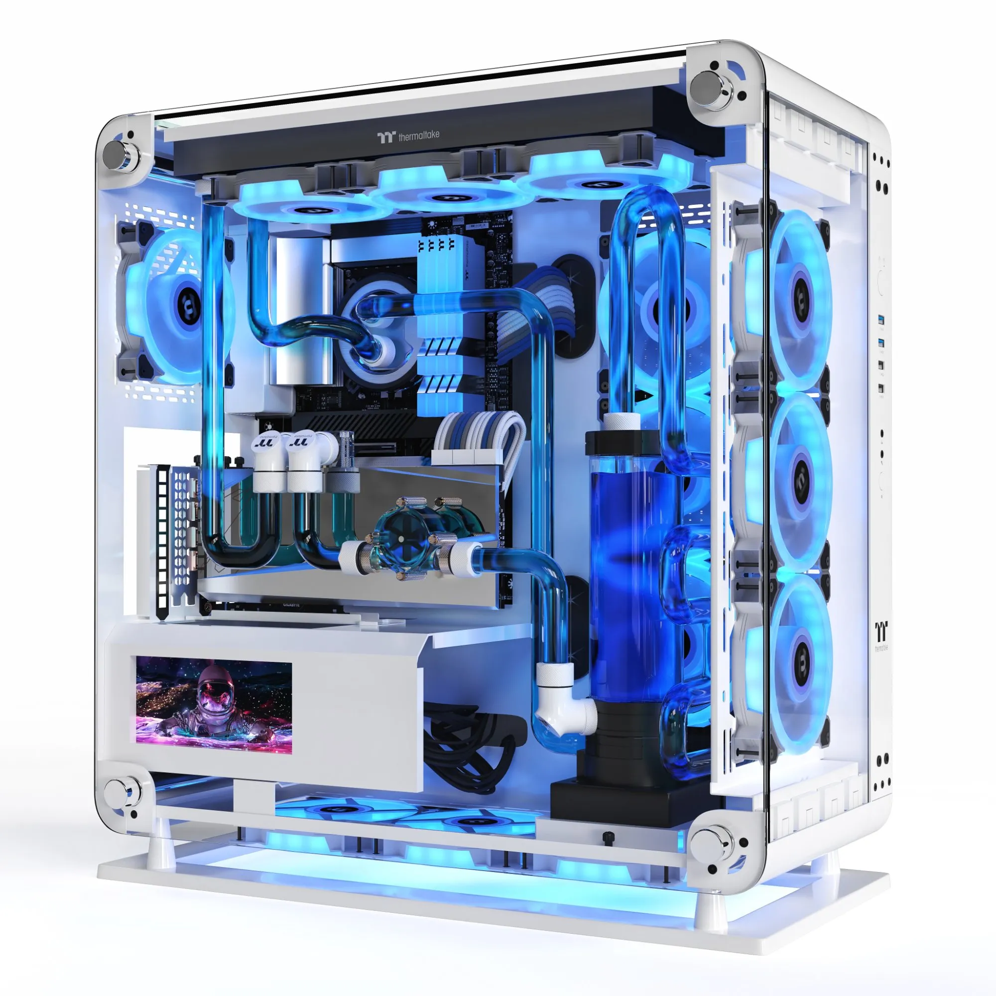 Gabinete branco com vidro lateral e water cooler iluminado em azul